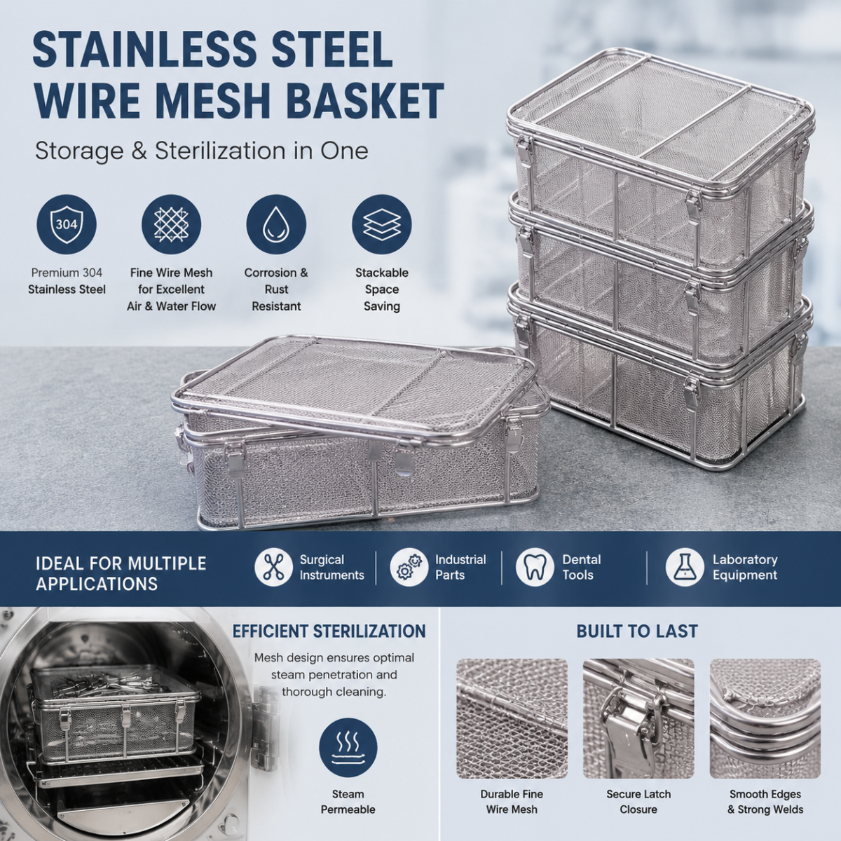 OEM 304 Stainless Steel Knit Mesh Industrial Cleaning Storage Wire Baskets Metal Baskets for Storage