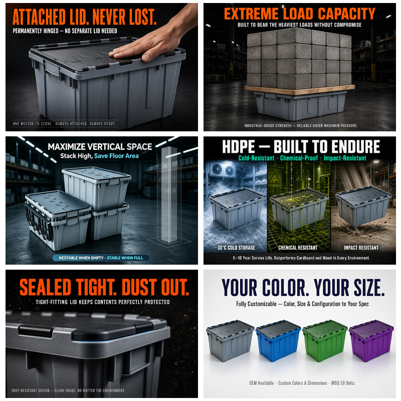 JOIN Custom Logo Industrial Plastic Attached Lid Container Reinforced Stackable Logistics Tote Bin for ASRS Automated Systems