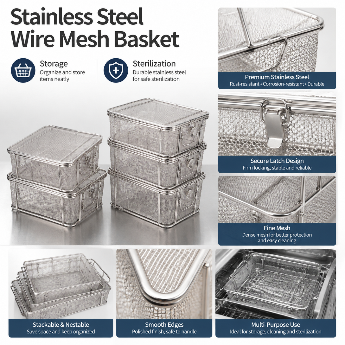 OEM 304 Stainless Steel Knit Mesh Industrial Cleaning Storage Wire Baskets Metal Baskets for Storage