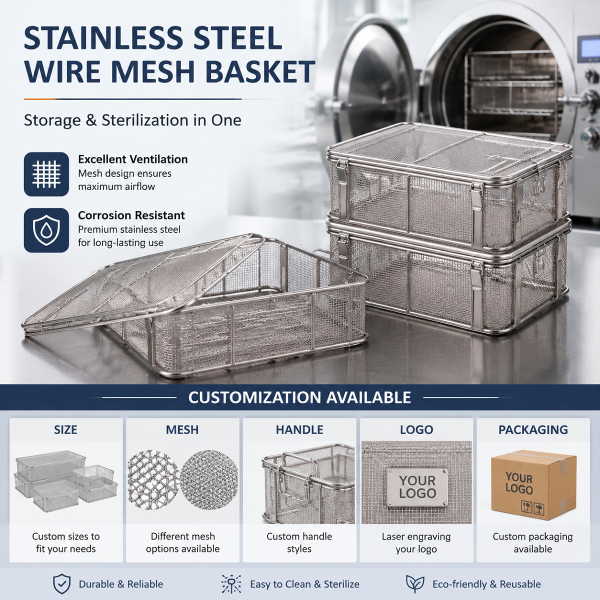 OEM 304 Stainless Steel Knit Mesh Industrial Cleaning Storage Wire Baskets Metal Baskets for Storage