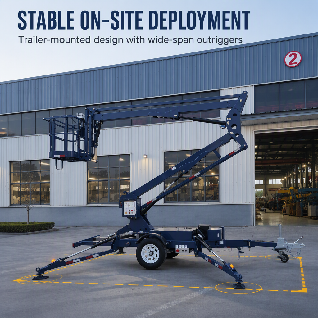 Towable Telescopic Arm Articulated Boom Lift Operation Scene
