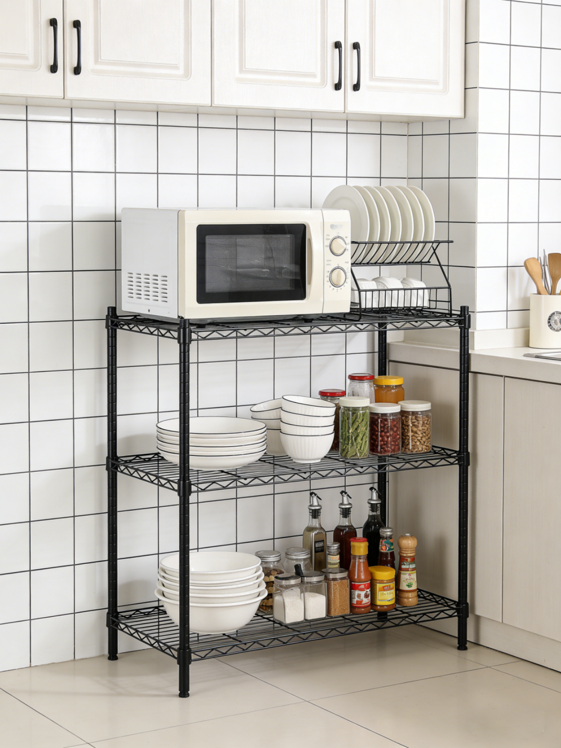 3-Tier Heavy Duty Iron Wire Shelving Unit Adjustable Shelves Modern Multifunctional Kitchen Garage Living Room Storage-Movable
