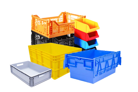 Plastic storage bins and stackable warehouse crates
