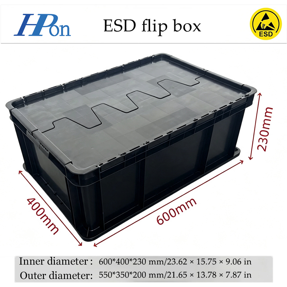 Haoputon 600*400*230 ESD Conductive Flip Top Crate Heavy Duty Dust Proof Plastic Bin for Parts Factory Logistic Storage