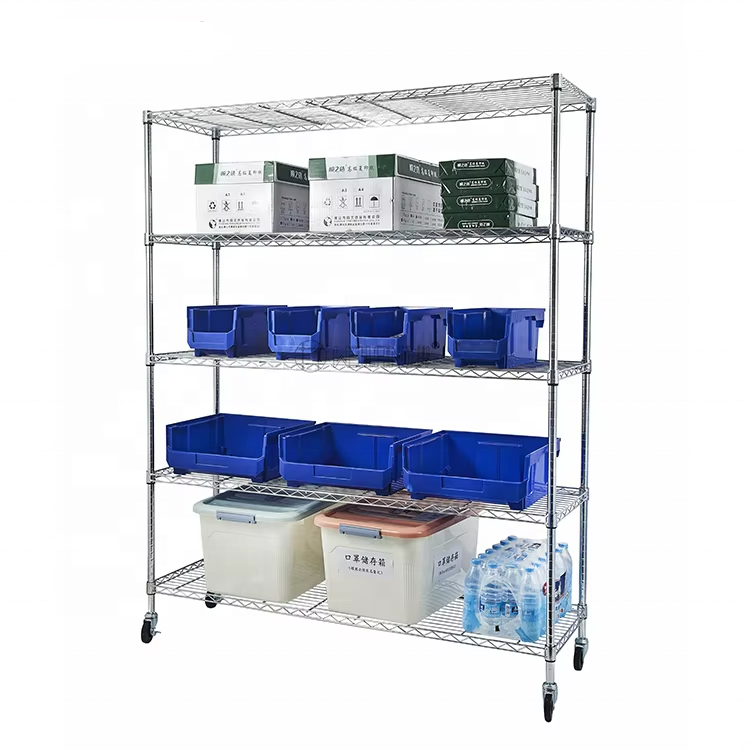 Multi-functional Commercial Warehouse Factory Storage Rack 5 Tiers Rolling Utility Wire Shelving Unit