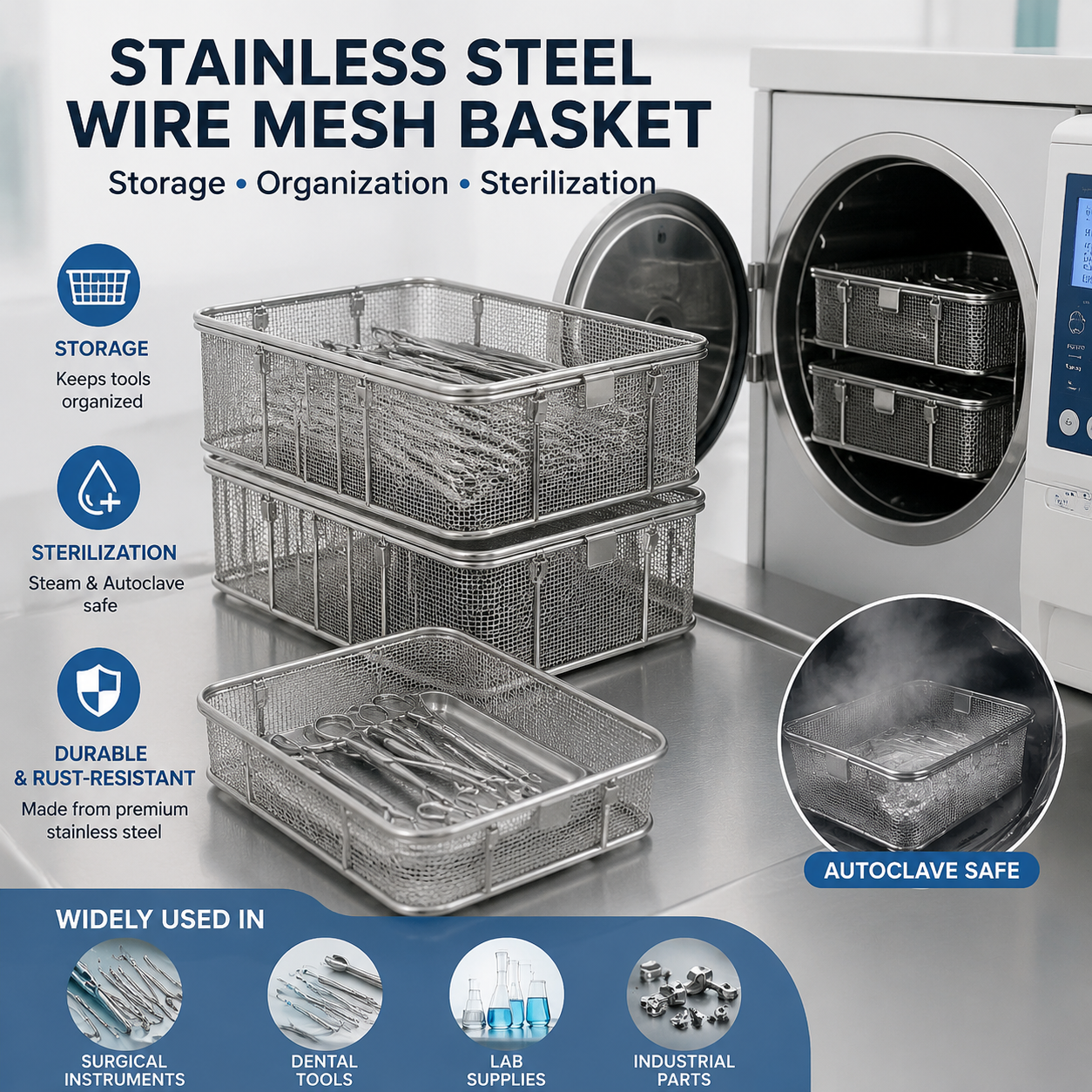 OEM 304 Stainless Steel Knit Mesh Industrial Cleaning Storage Wire Baskets Metal Baskets for Storage