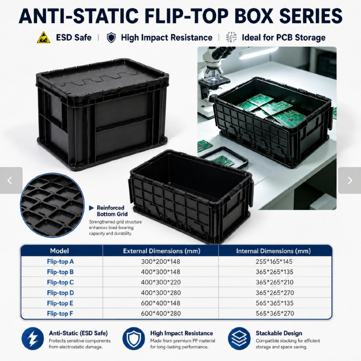 Haoputon 600*400*230 ESD Conductive Flip Top Crate Heavy Duty Dust Proof Plastic Bin for Parts Factory Logistic Storage