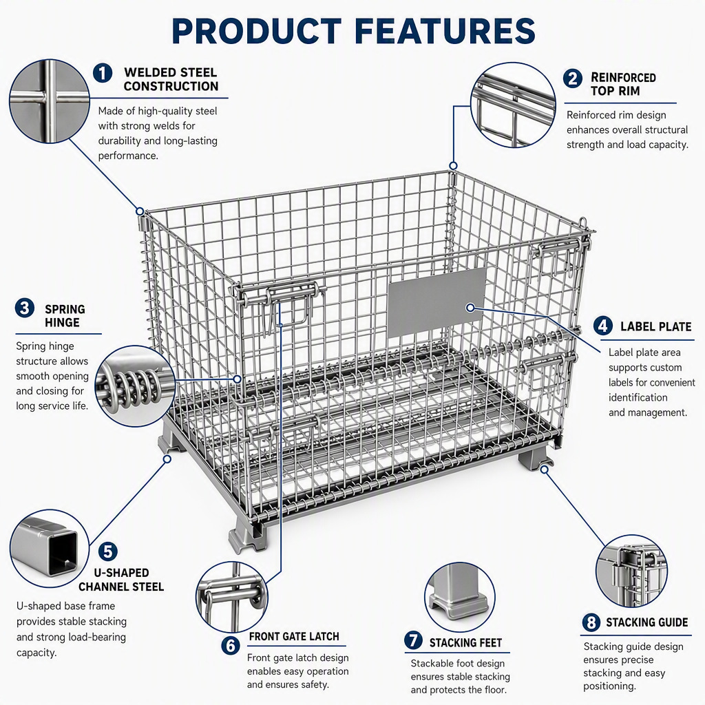 Steel Wire Mesh Container Cage Foldable Storage Box for Factory Warehouse