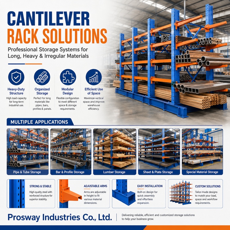 Industrial Pipe Storage Rack With Telescopic Extendable Cantilever Arms Heavy Duty Steel Construction For Long Profile Warehouse